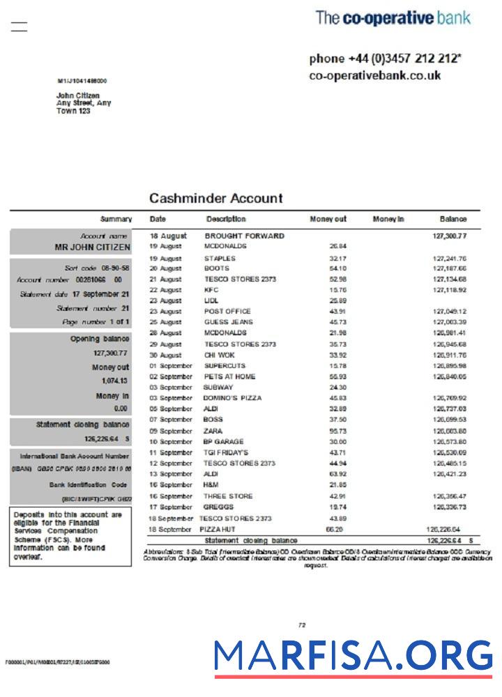 Downloadable United Kingdom The Co operative bank statement word sample